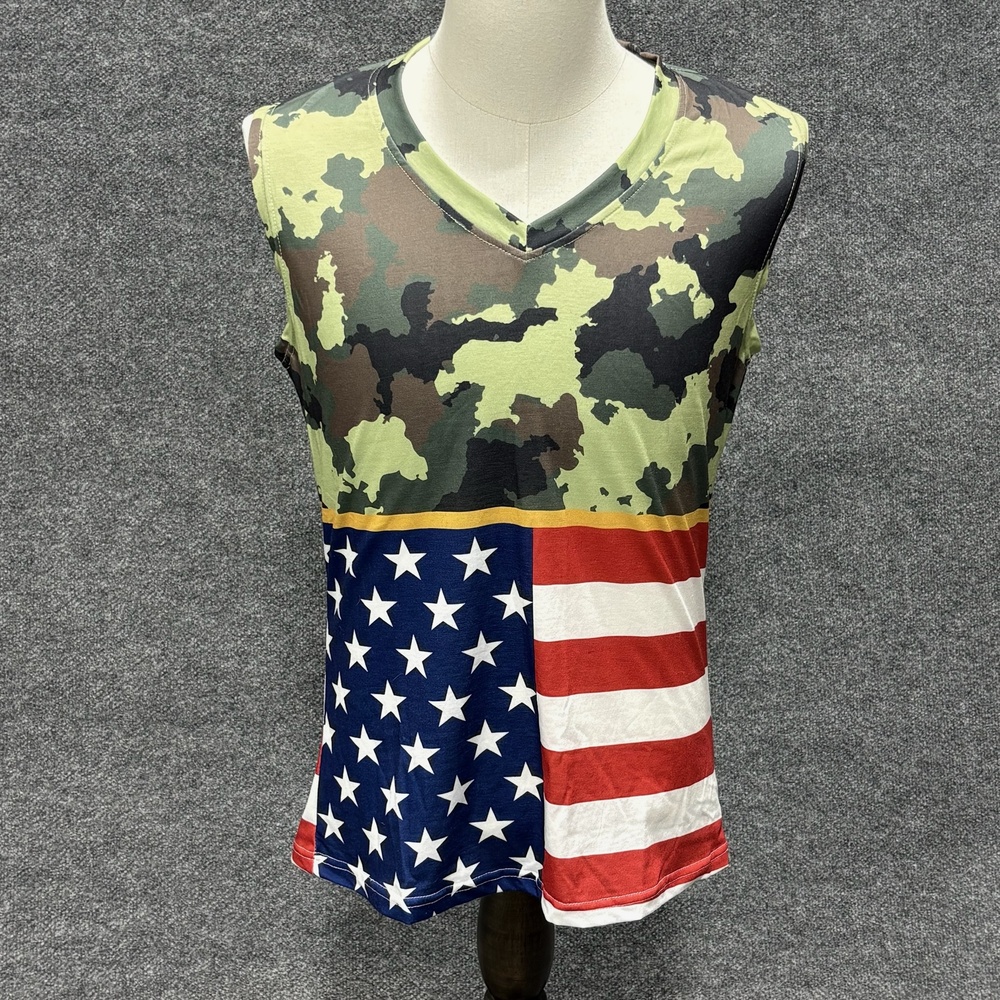 Camo USA Flag Shirt Mens Large Multicolor Sleeveless V Neck Patriotic Tee